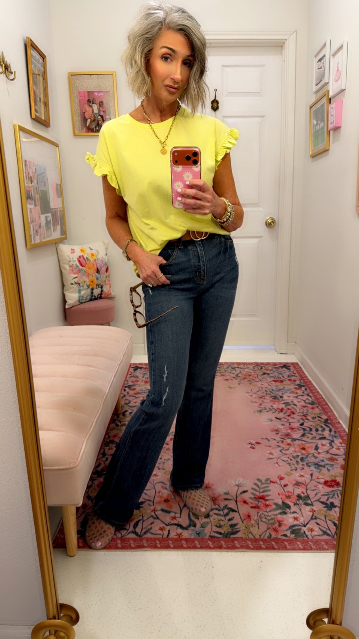 Ruffle Short-Sleeve Crew Neck 100% Cotton Top