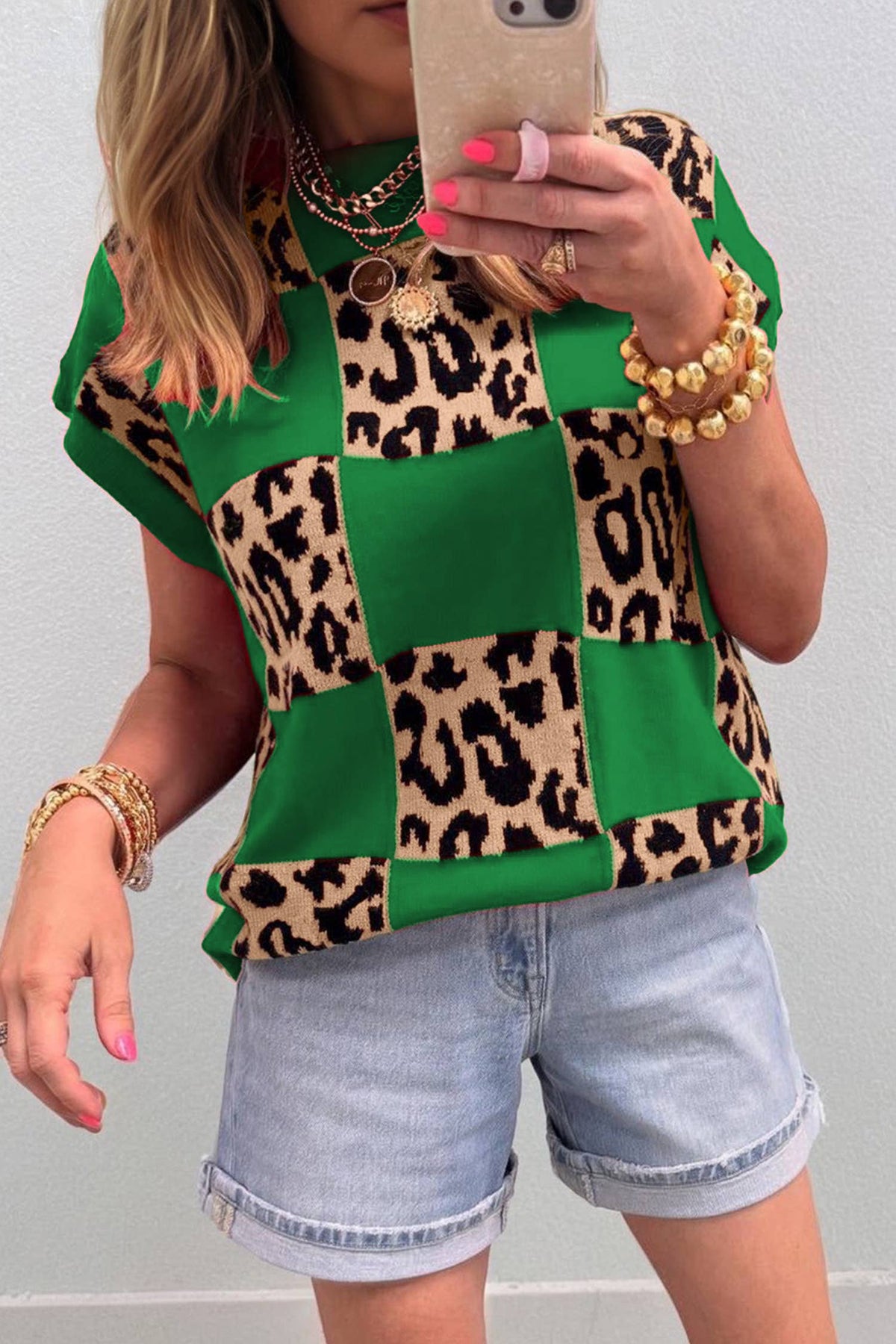66Plus Size Leopard Checkerboard Short Sleeve Sweater
