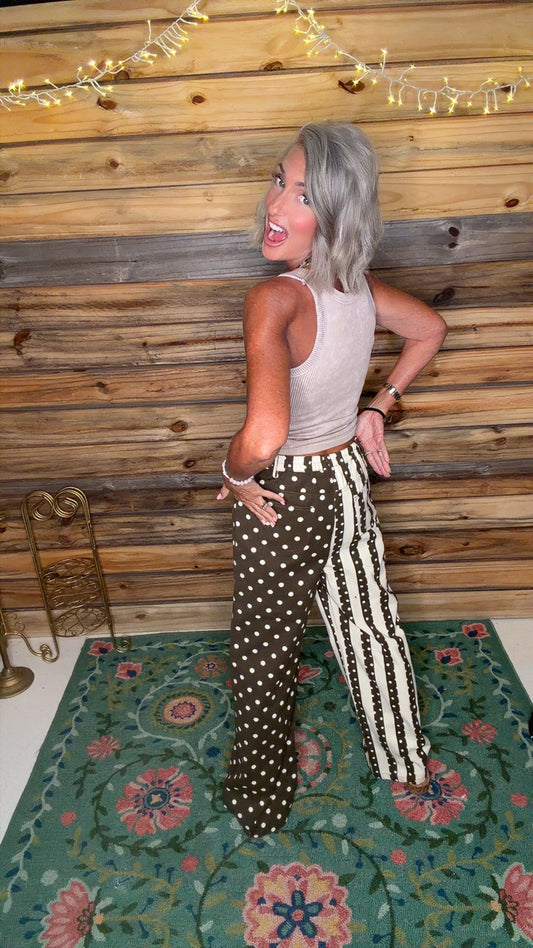 MIX DOT & STRIPE PANEL WIDE LEG PANTS