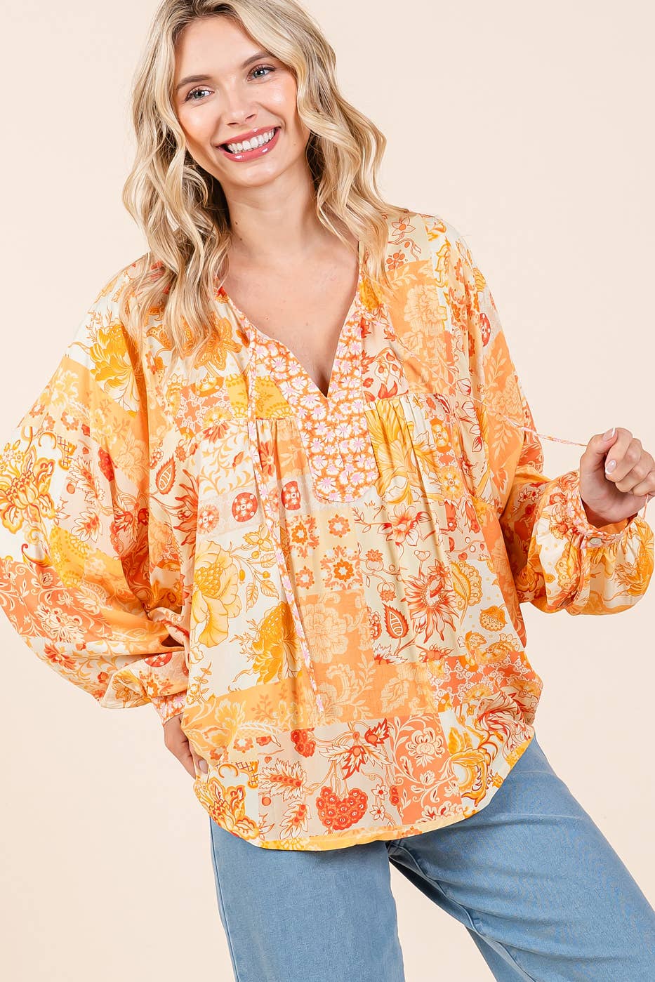 BOHO PATCHWORK PRINT LONG SLEEVE BLOUSE