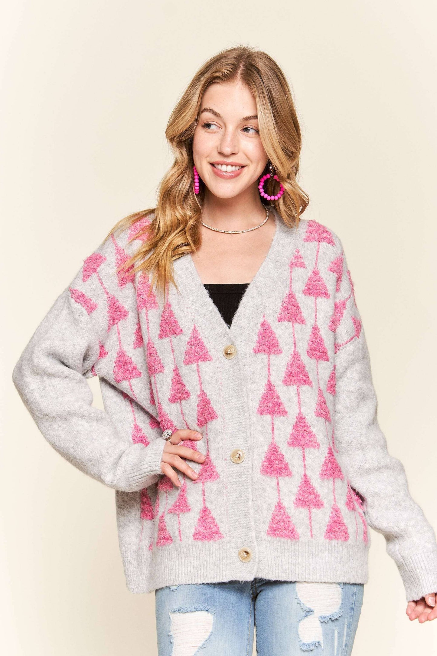 FLUFFY TREE ACCENT CARDIGAN