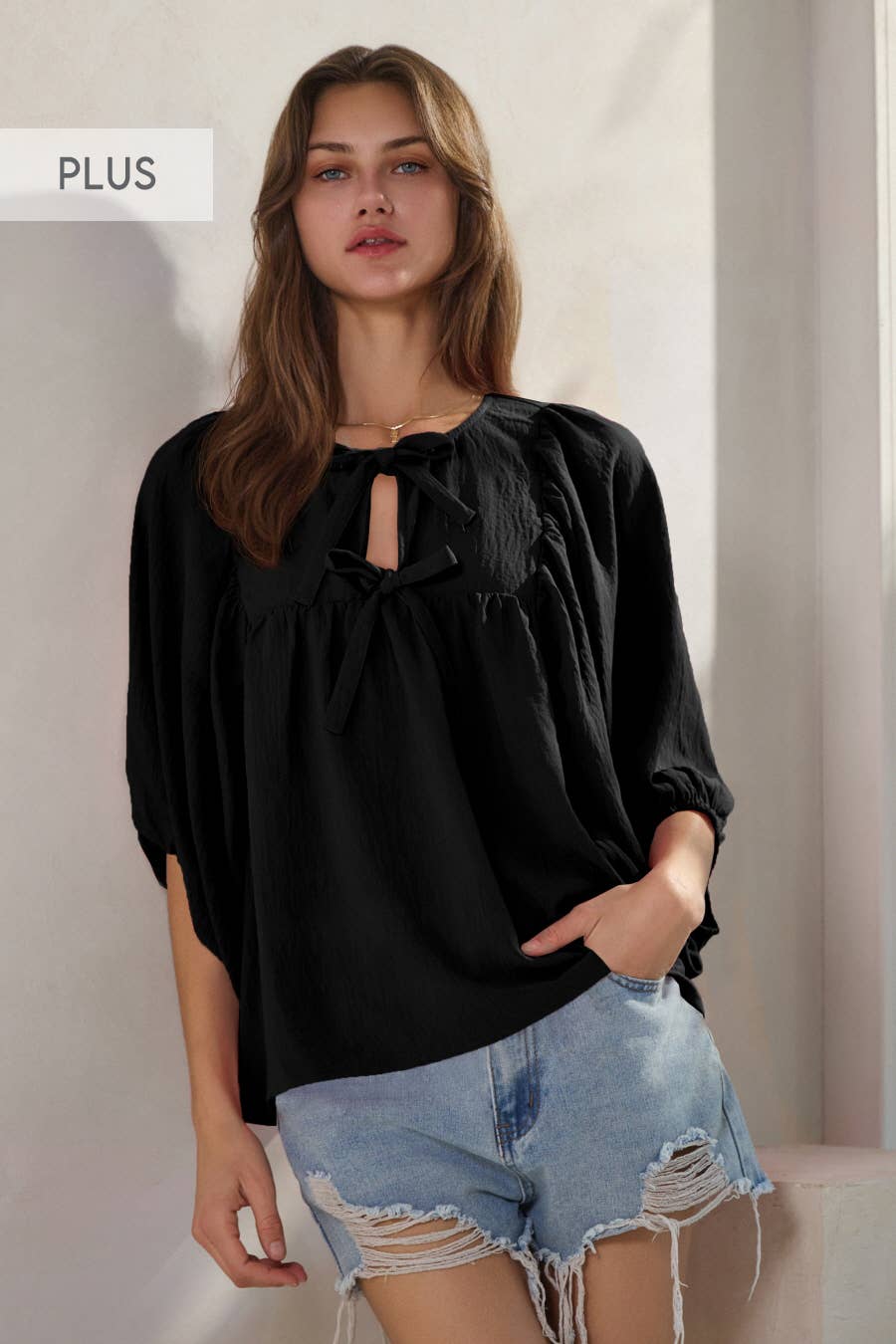 Plus Solid Airflow Batwing 3/4 Sleeve Top