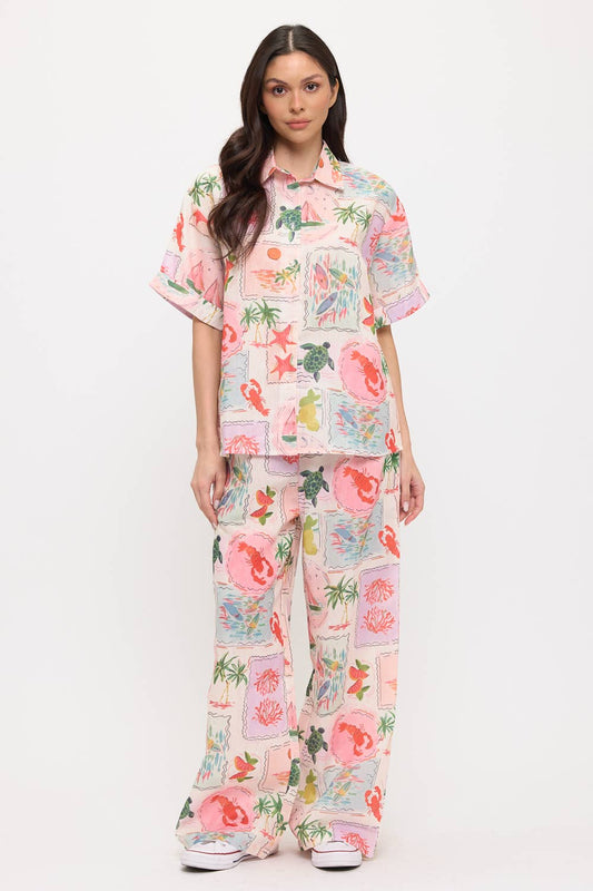 COASTAL VACATION PRINT WIDE-LEG PANTS