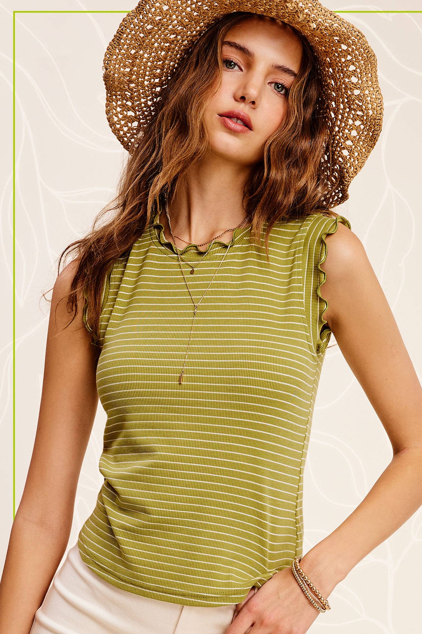 Stretchy Brushed Ruffle Sleeve Stripe Tank Top