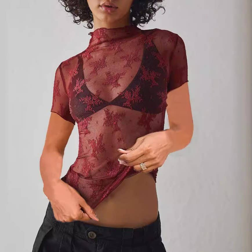 Sheer Mesh Lace Short Sleeve Top