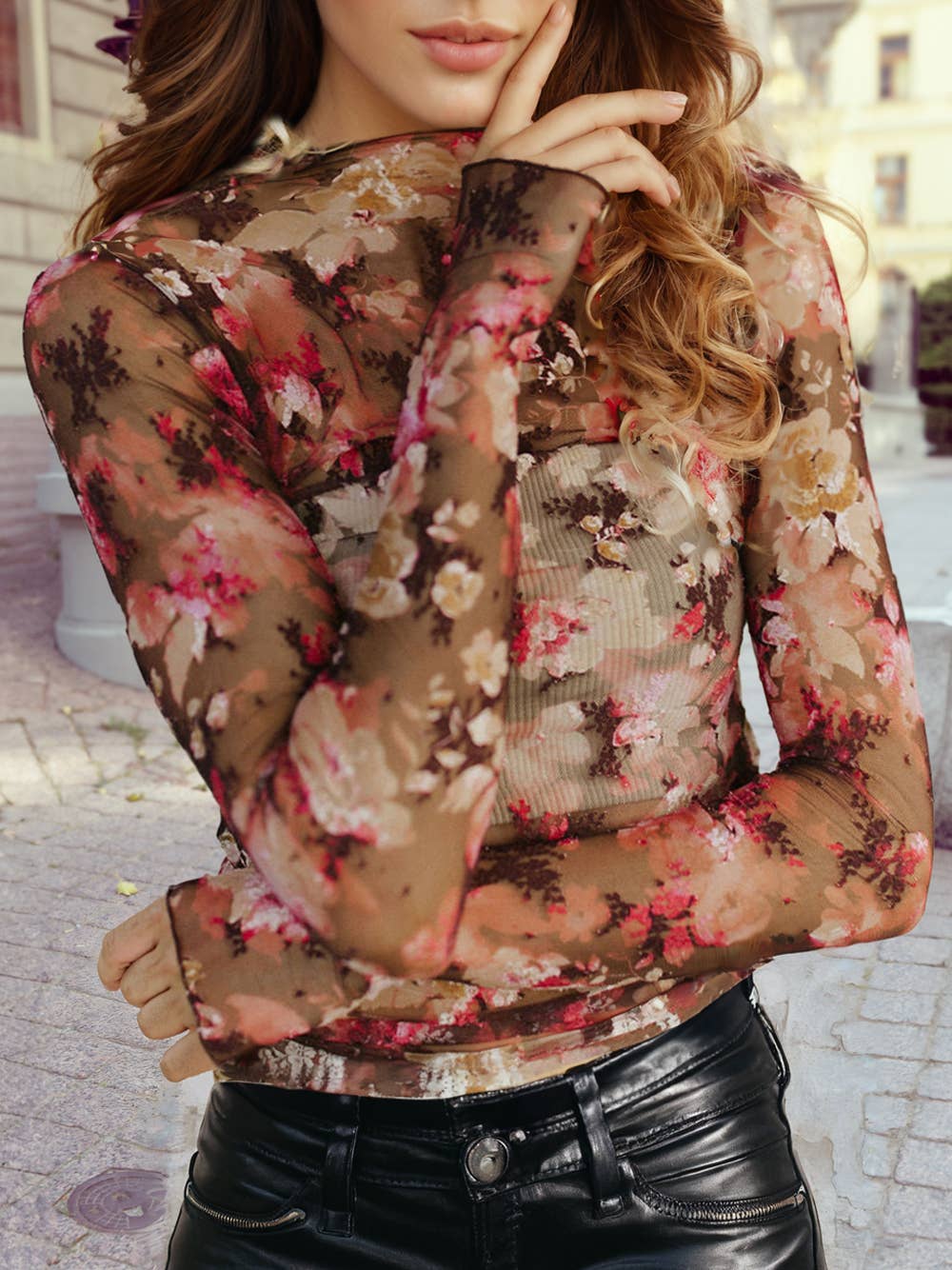 Floral Print Sheer Mesh Long Sleeve Top