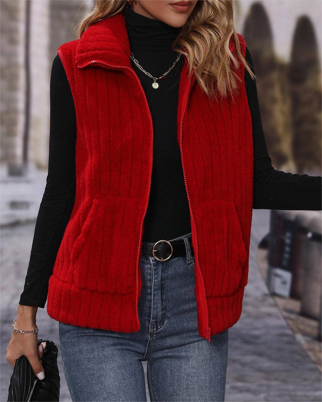 Fall warm sleeveless zip plush fleece outerwear vest