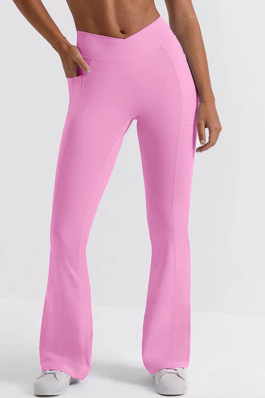 Pink active wear cross waist band wide leg active pants