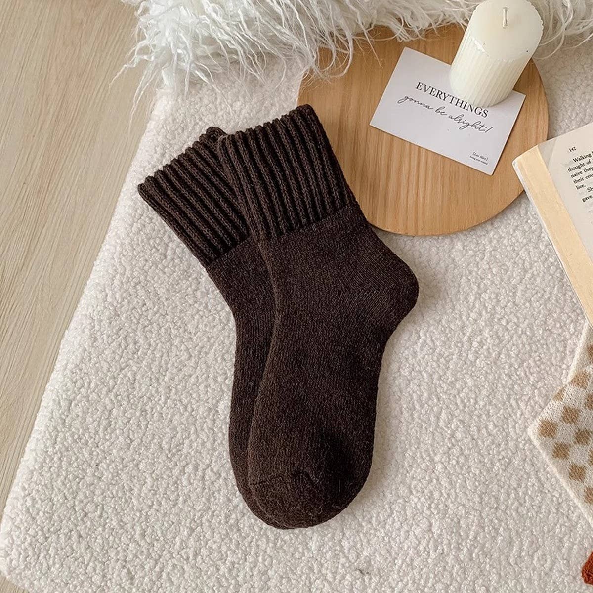 Brown Thick Crew Socks Women Winter Warm Cozy_CWMS02814