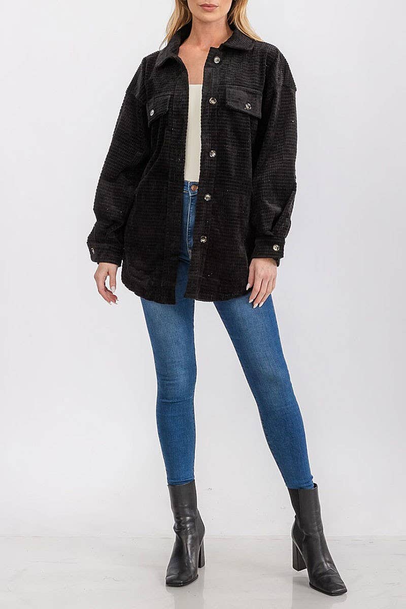 FRONT POCKETS BUTTON UP OVERSIZED WAFFLE SHACKET