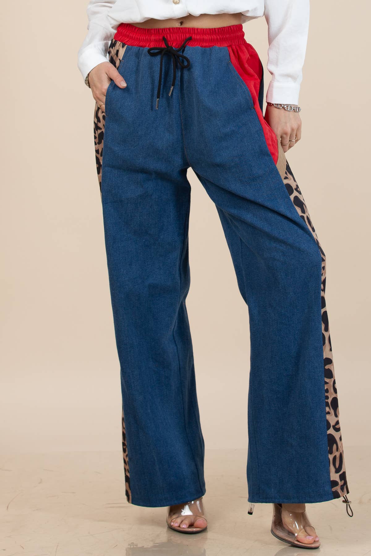 High Waist Animal Print Striped Wide Pants