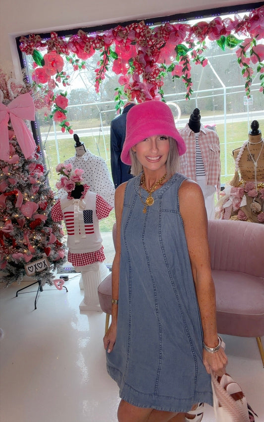 Chambray Round Neckline Sleeveless A-Line Mini Dress