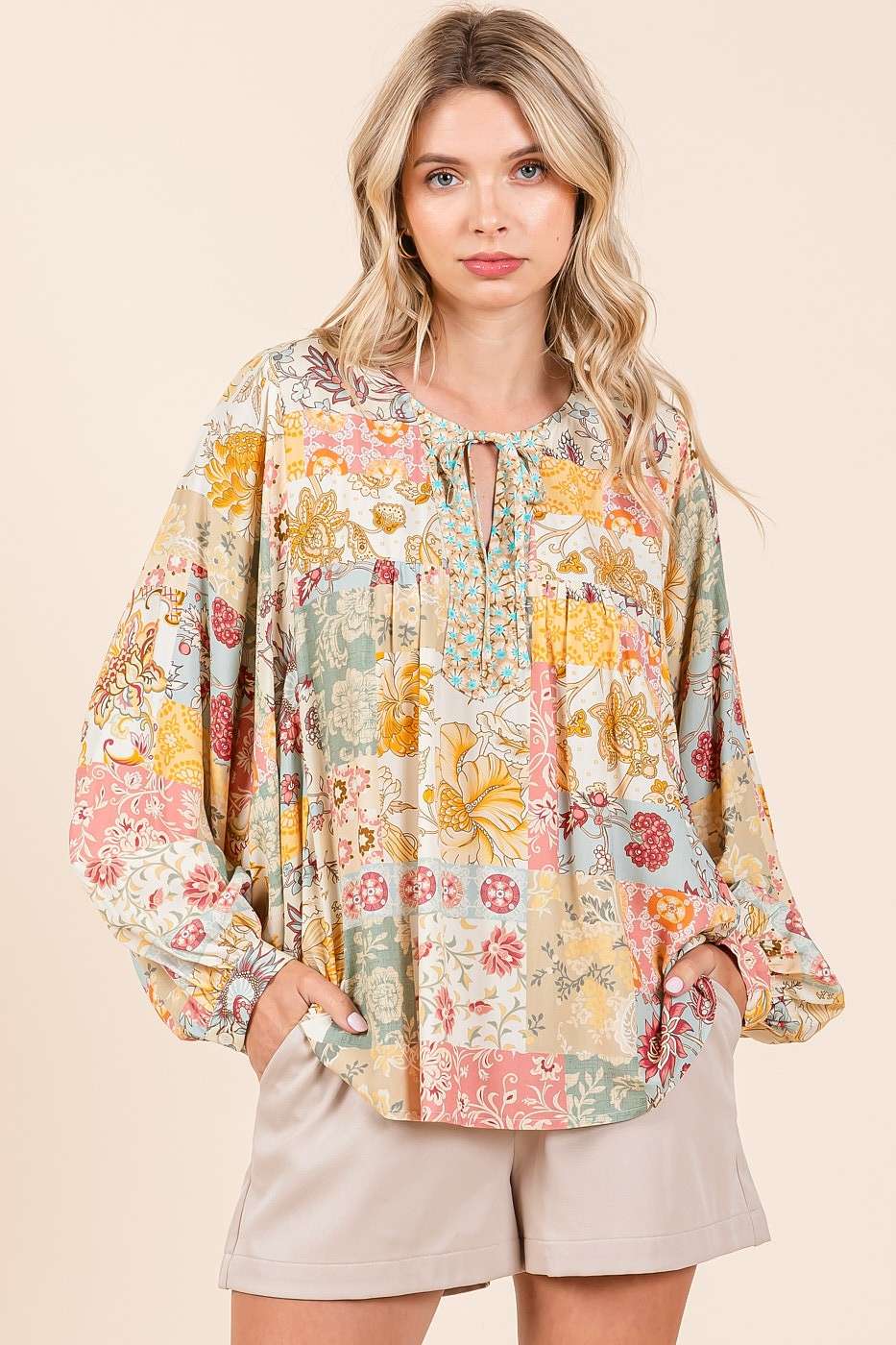 BOHO PATCHWORK PRINT LONG SLEEVE BLOUSE