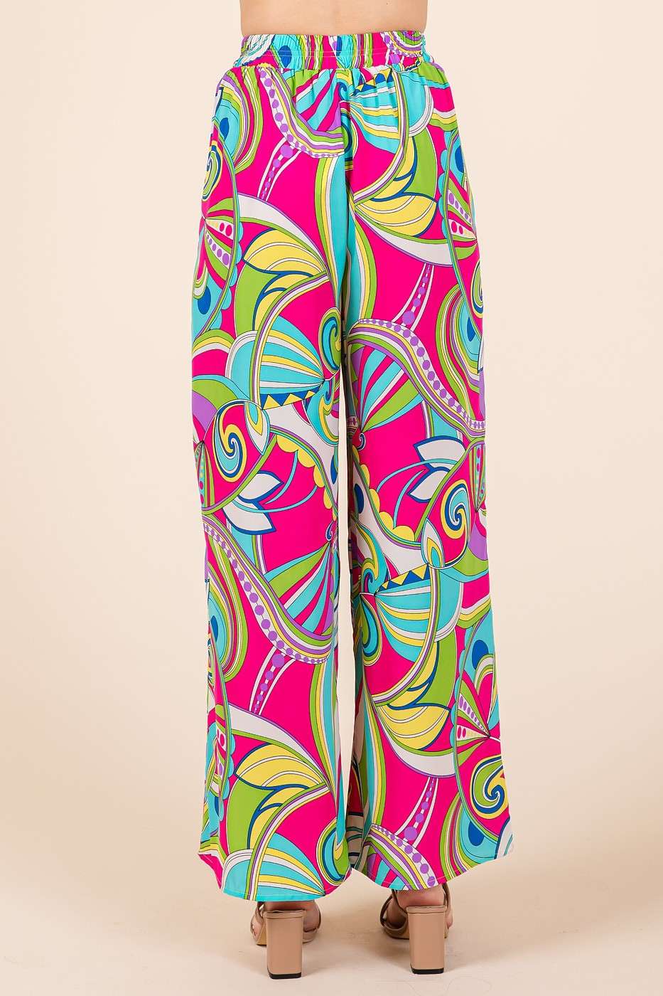 ABSTRACT PRINT ELASTIC WAIST WIDE LEG PANTS