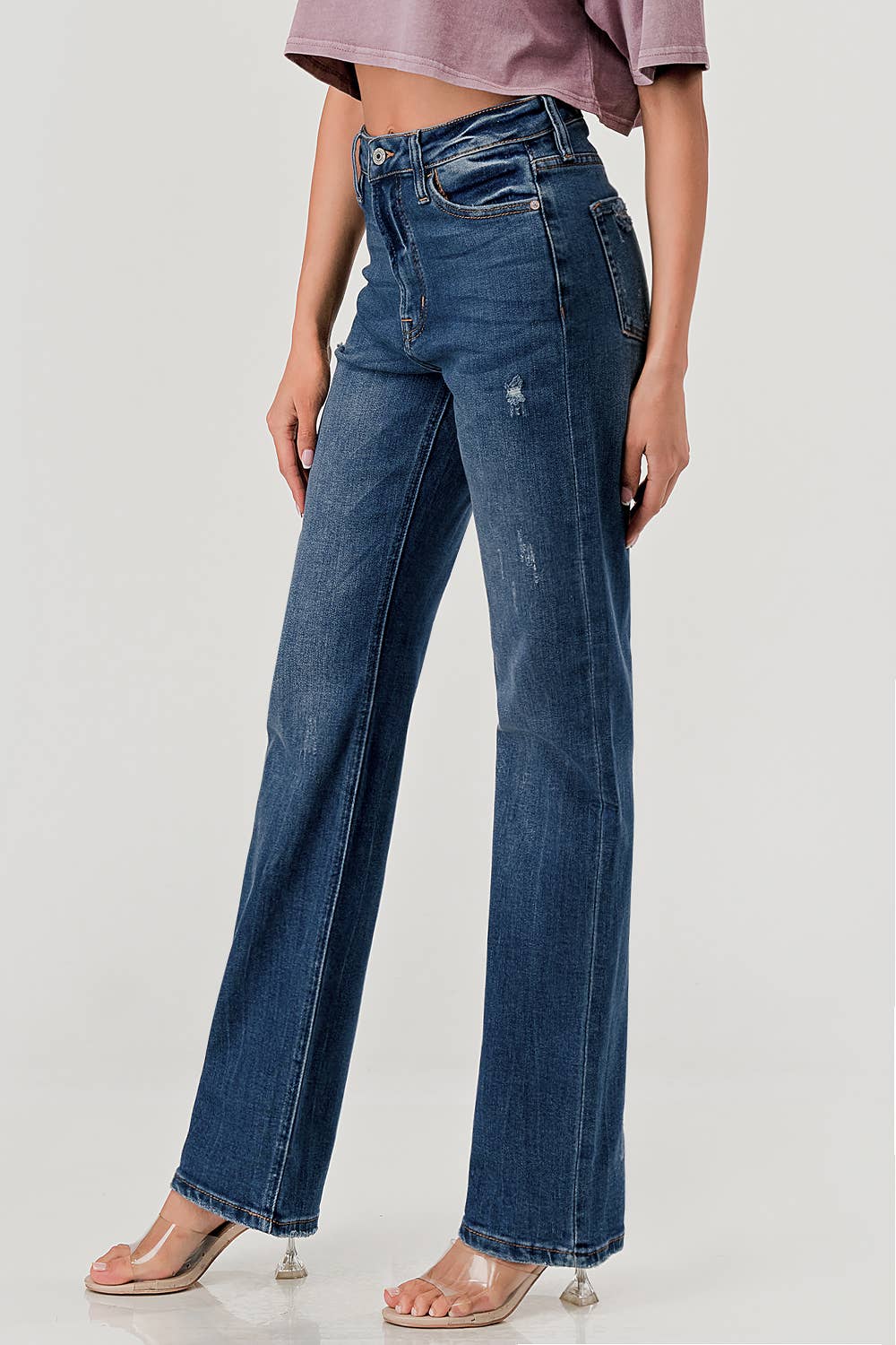 DISTRESSED STRAIGHT FIT JEANS - DARK WASH