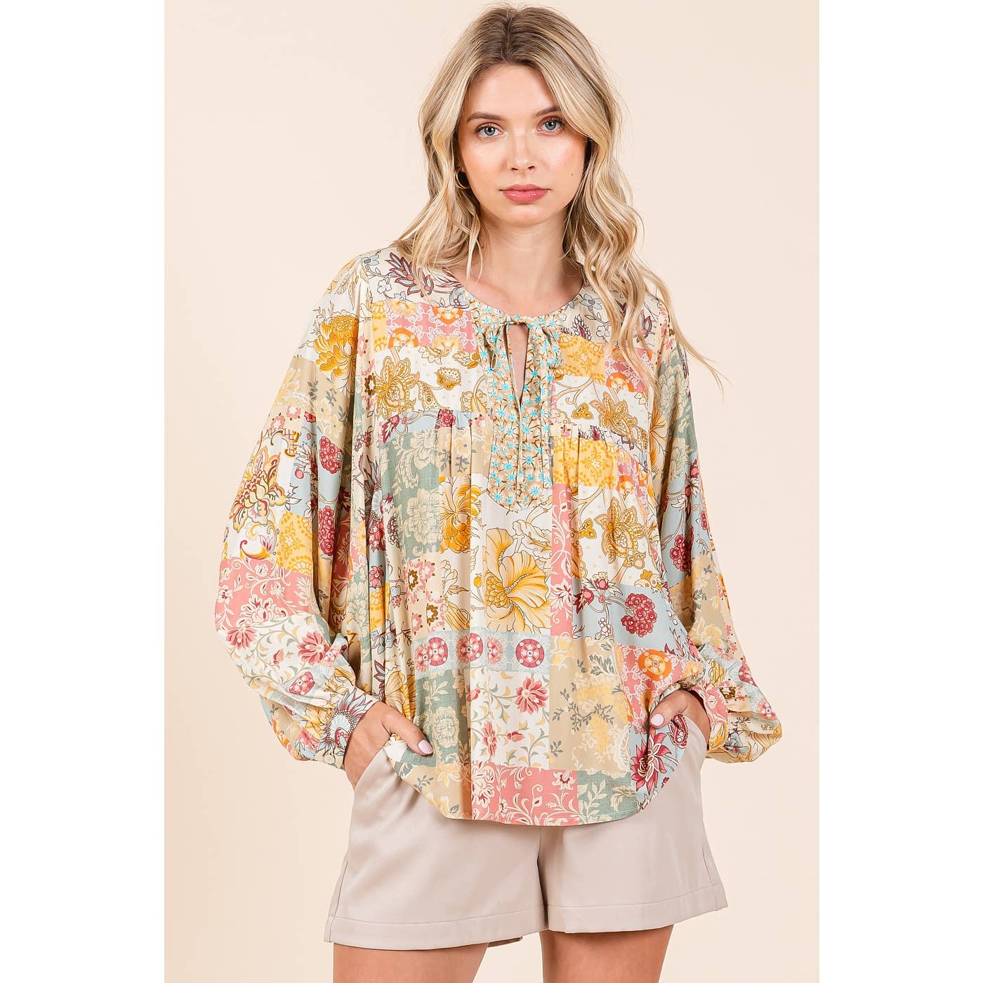 BOHO PATCHWORK PRINT LONG SLEEVE BLOUSE