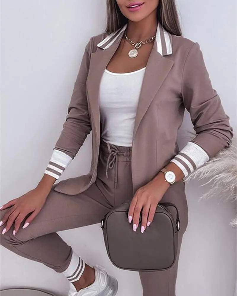 Notched collar blazer coat drawstring pants set