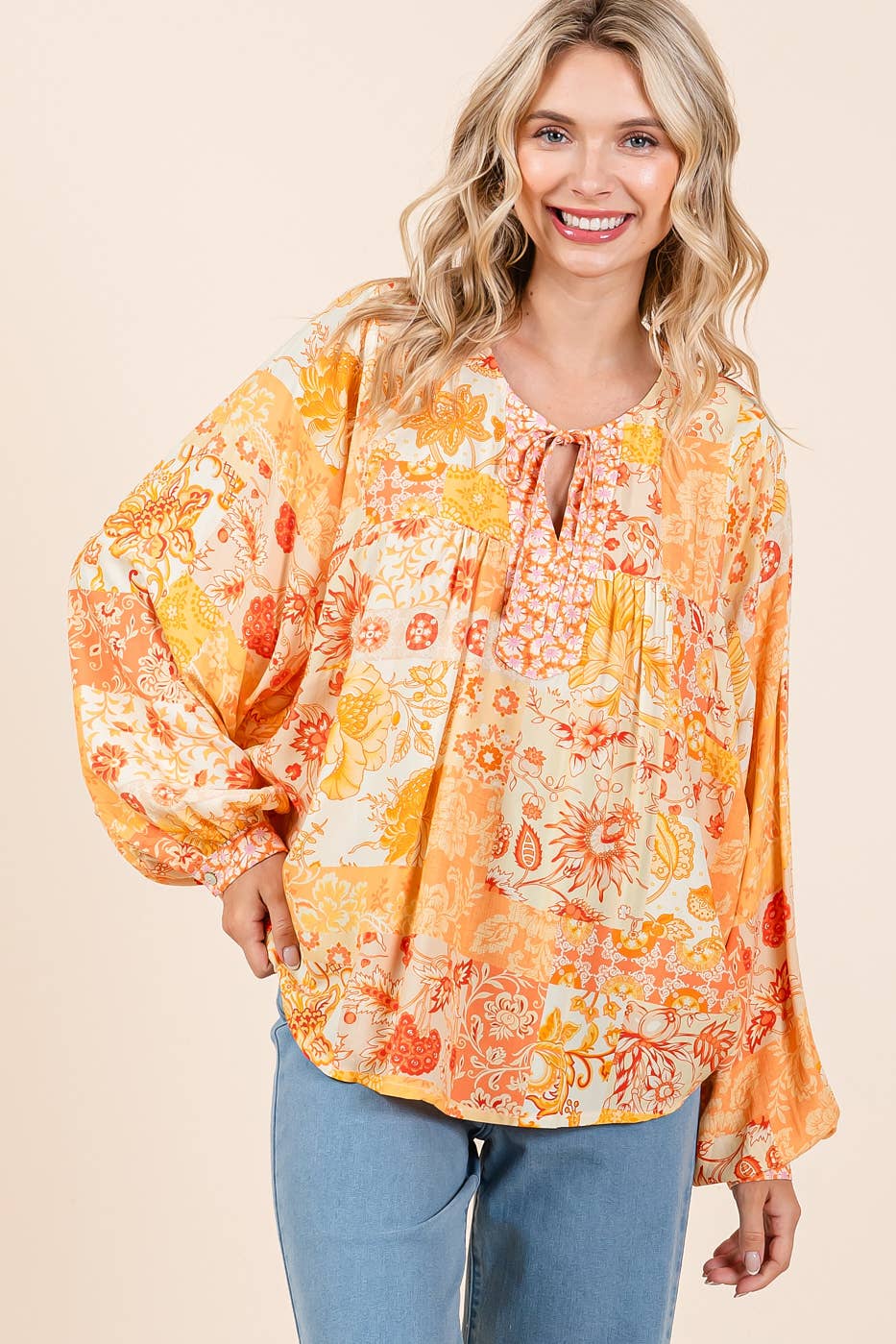 BOHO PATCHWORK PRINT LONG SLEEVE BLOUSE