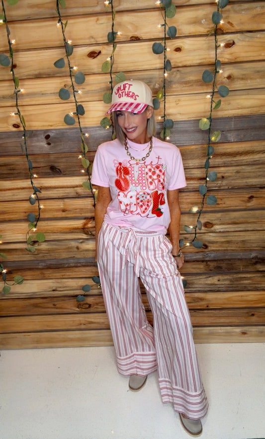 Elastic Waist Multi Stripe Poplin Straight Long Pants