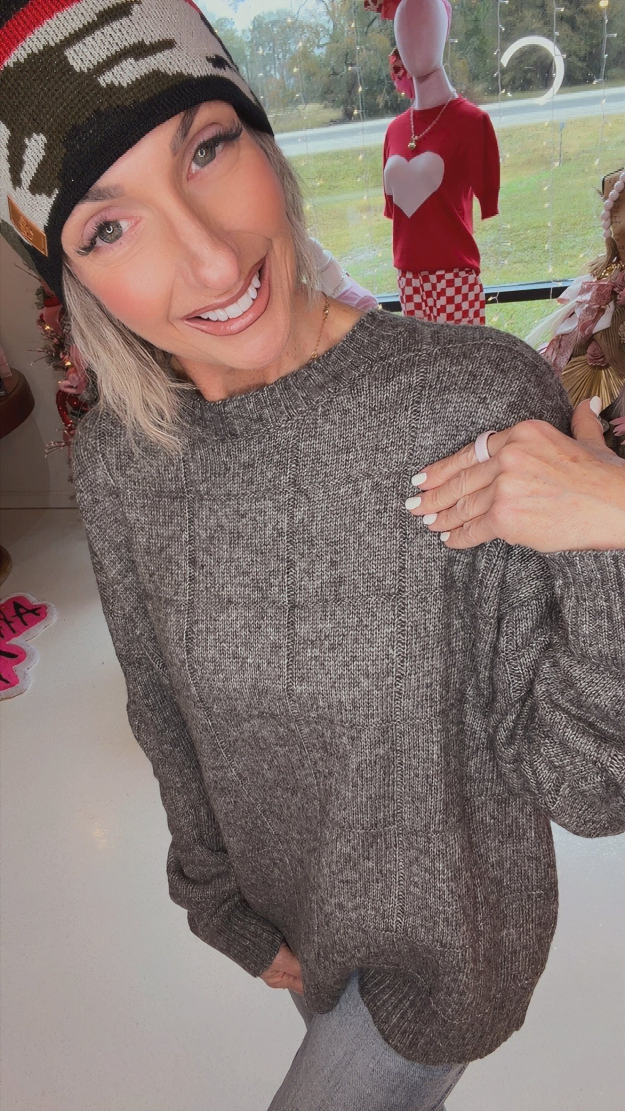 Loose Fit Windowpane Patterned Two Tone Sweater