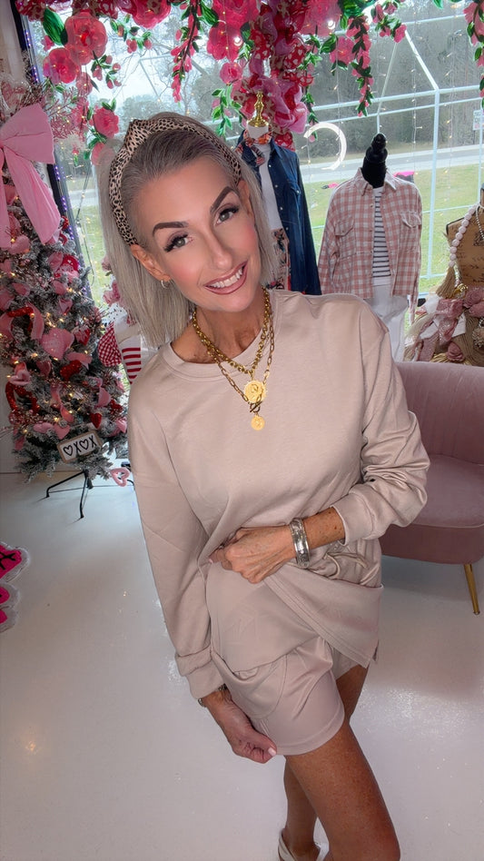 Solid Drop Shoulder Pullover & Drawstring Mini Skirt Outfit