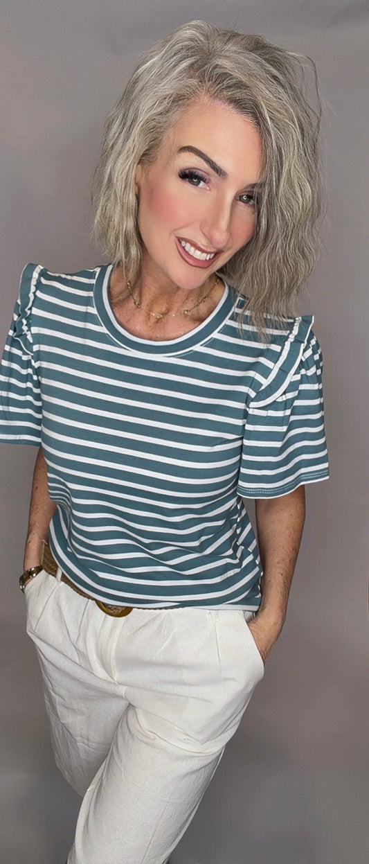 Striped Top with Ruffled Detailed Sleeves