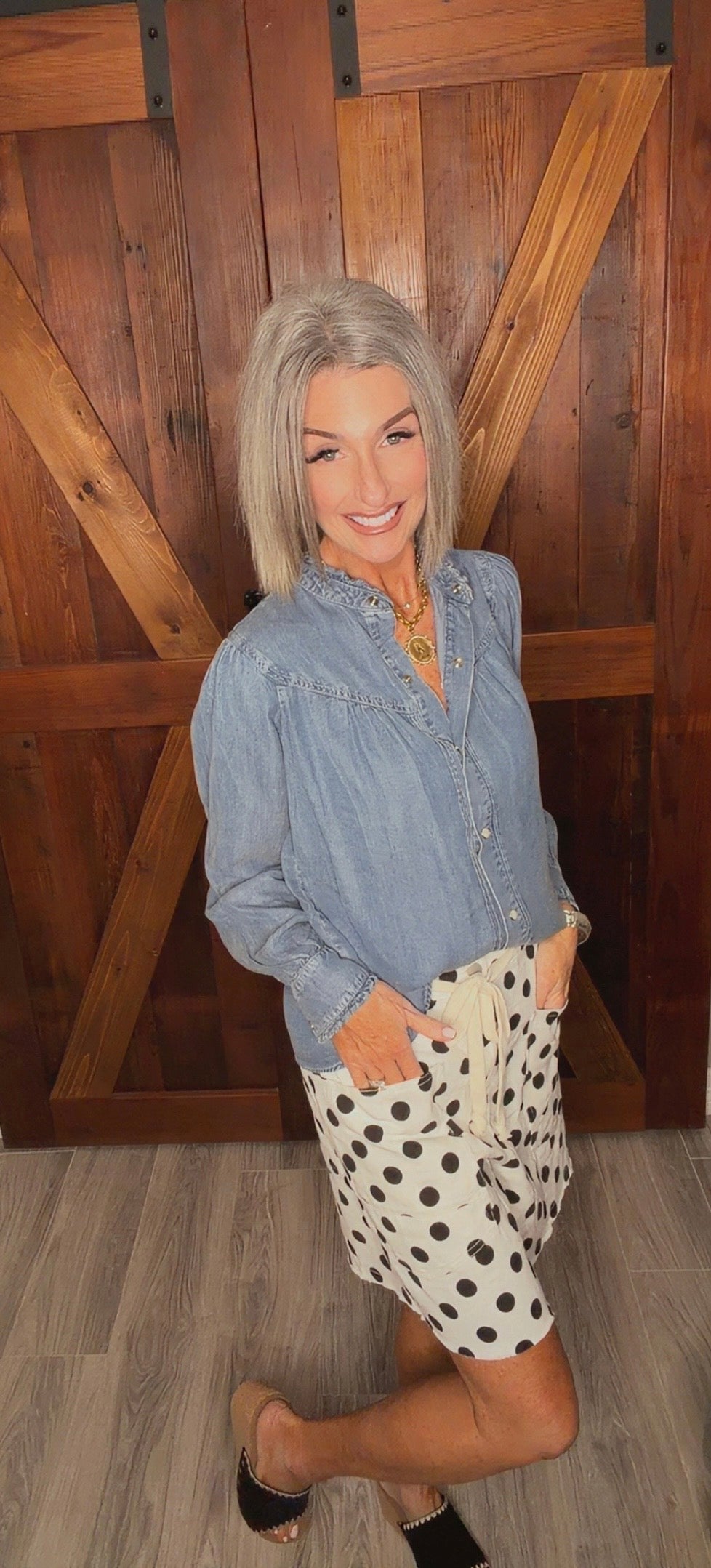 Ruffle Neck Denim Snap Button Shirt