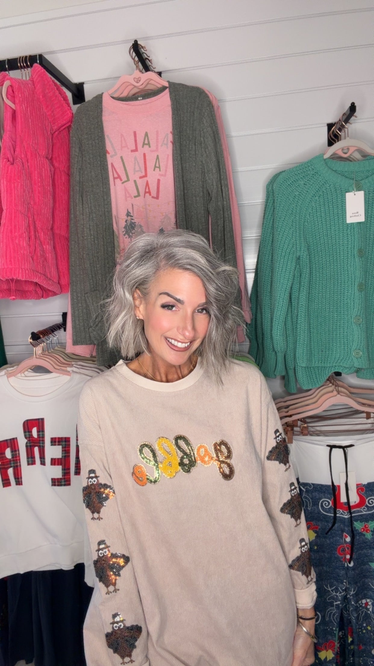 Smoke Gray Corded Ribbed Thanksgiving Turkey Sequin Patched Sleeve gobble Baggy Sweatshirt