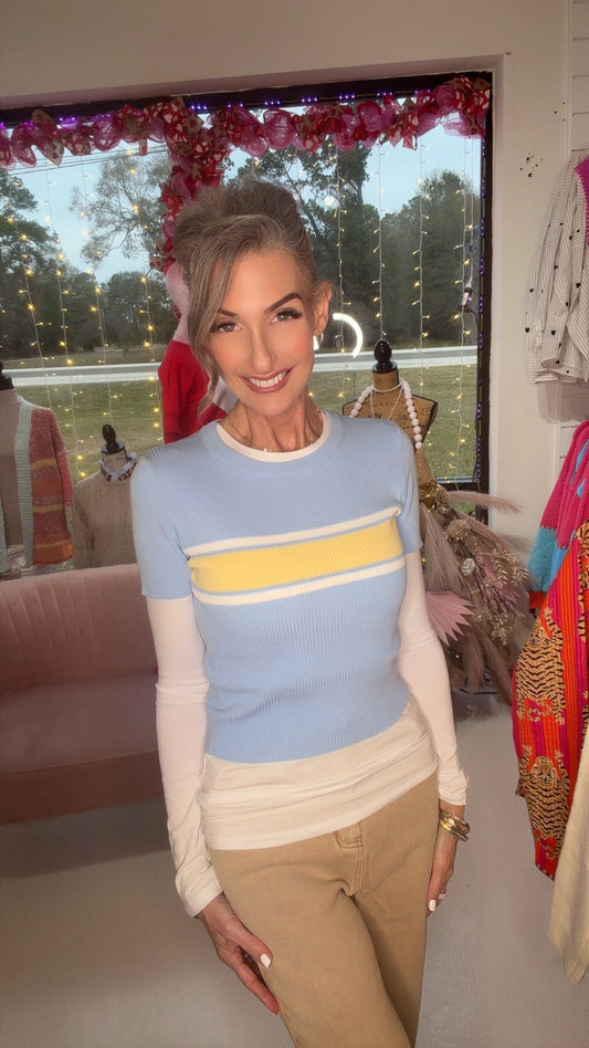 Short Sleeve Crew Neck Multi Striped Knit Top