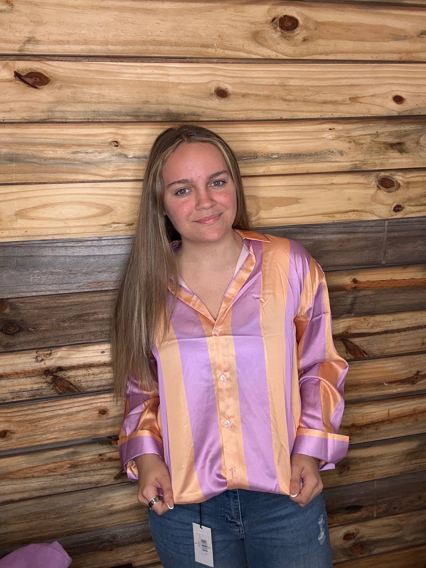 Satin Vertical Striped Button Up Long Sleeve Shirt