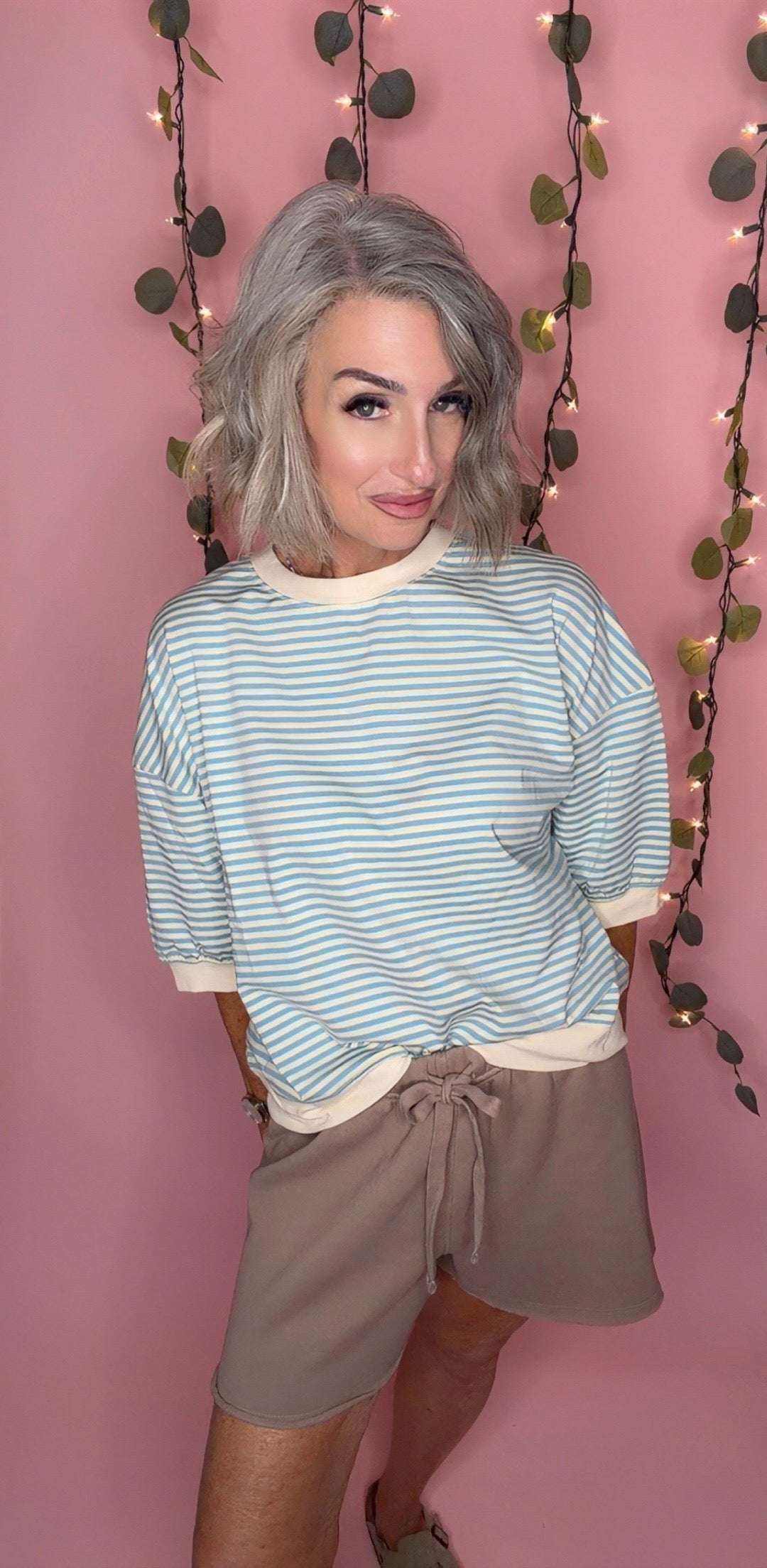 Loose Fit Striped Short Sleeve Crew Neckline Top