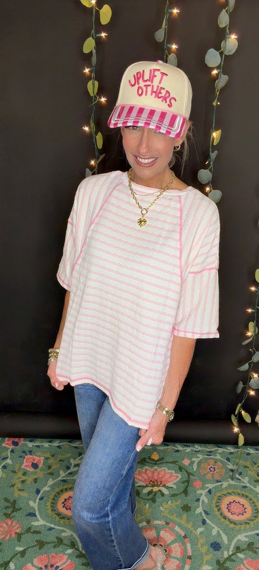 Striped Textured Knit Split Hem Half Sleeve Loose Top|