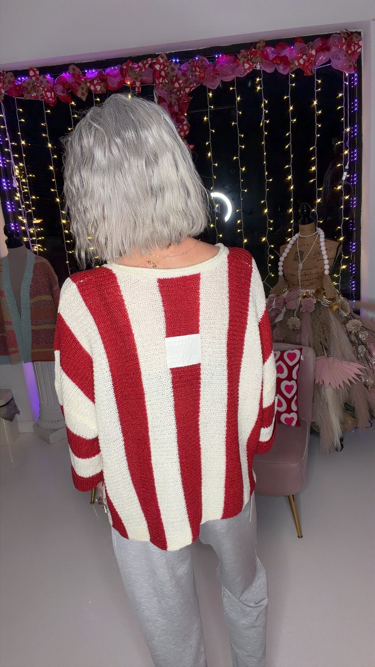 Red Stripe Colorblock V Neck Bracelet Sleeve Sweater