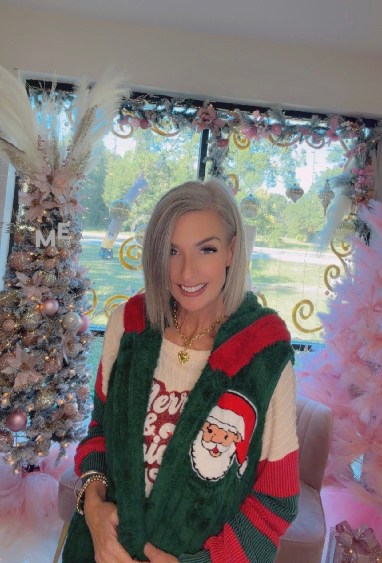Santa Patchwork Zipper Rib Fleece Hooded Vest Jacket