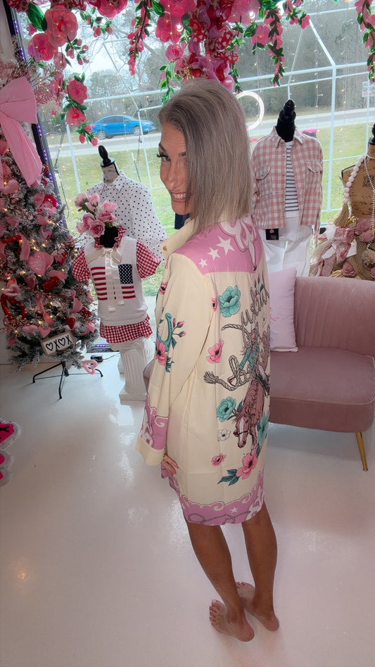 Vintage Horse Printed Pearl Snap Button Down Dress