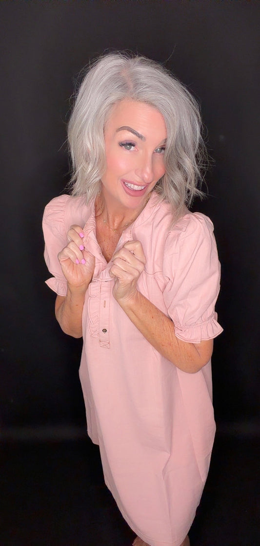 Ruffled Button Placket Accent 100%Cotton Knee Dress