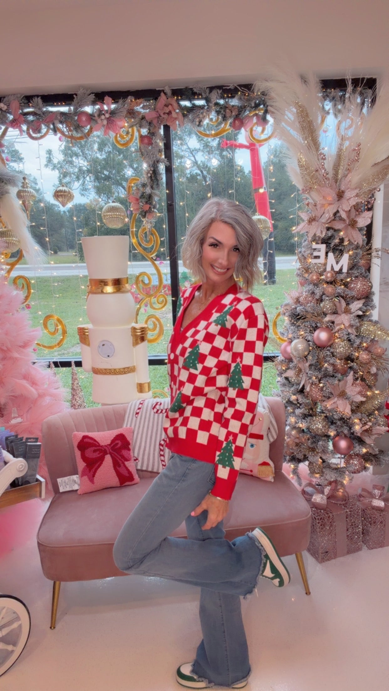 Red Checkered Christmas Tree Pattern Button V Neck Cardigan Sweater