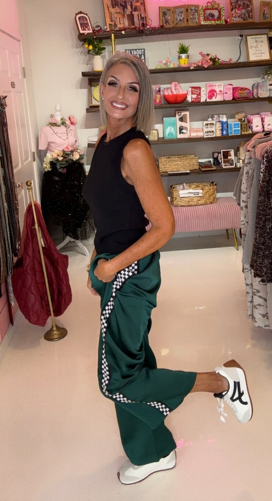 SOLID SATIN SWEATPANTS WITH SIDE CHECKERBOARD TAPE