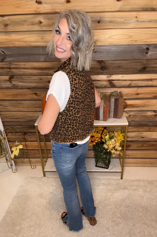 Leopard Printed Collared Casual Vest