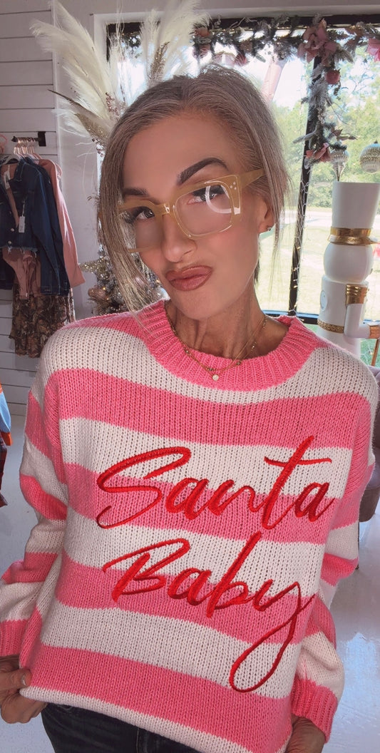 Santa Baby Pink Stripe Knit Sweater Festive Holiday Pullover