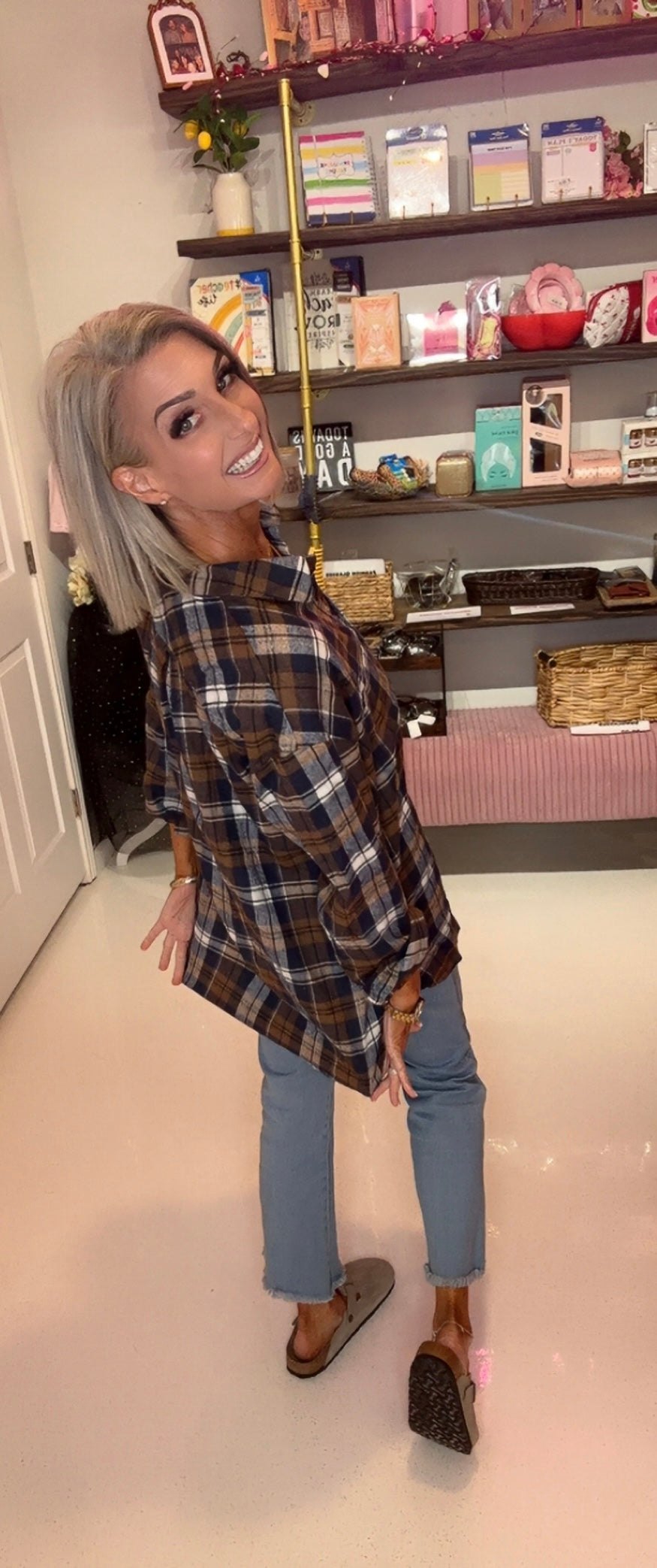 Collared Pocket Detail Plaid Shirts Top