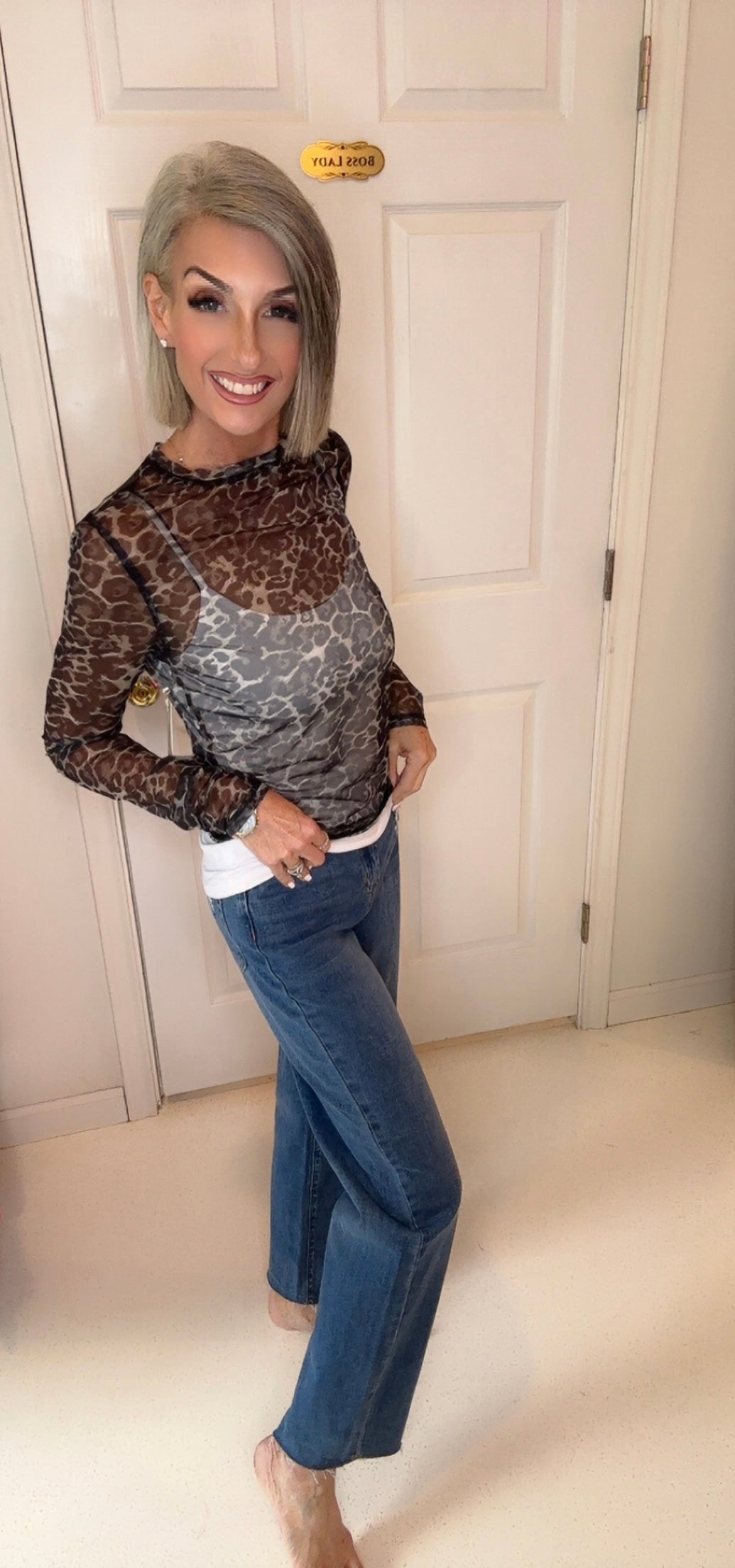 Semi Sheer Leopard Printed Long Sleeve Mesh Top