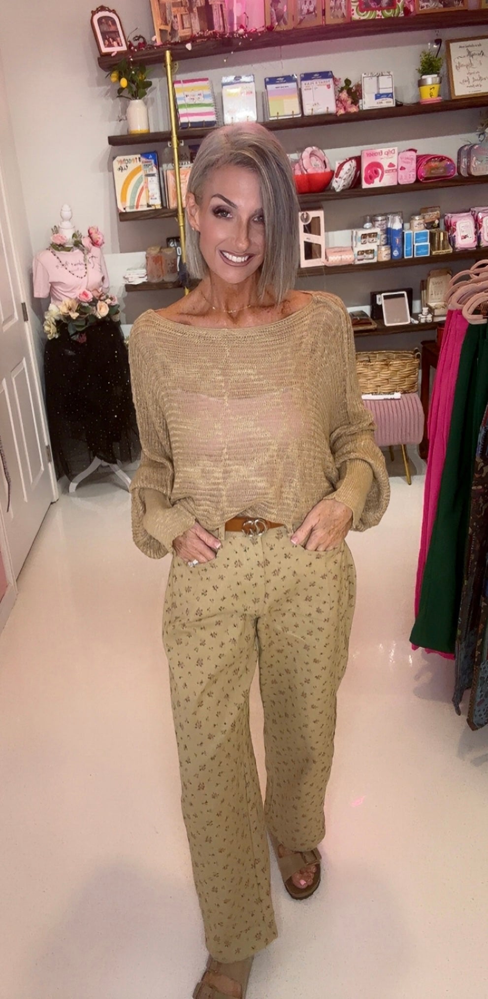 DITSY FLOWER COTTON TWILL BARREL LEG PANTS