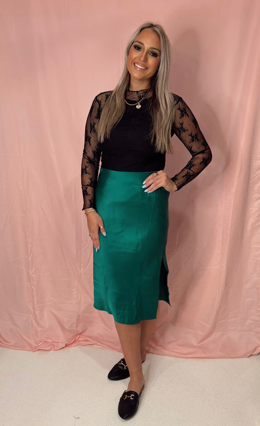 SATIN SKIRT ELASTIC HIGH WAIST SLIT MIDI SKIRT