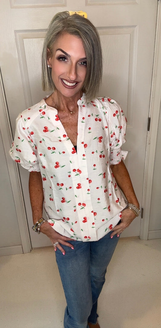 Cherry Printed V-Neck Woven Blouse Top