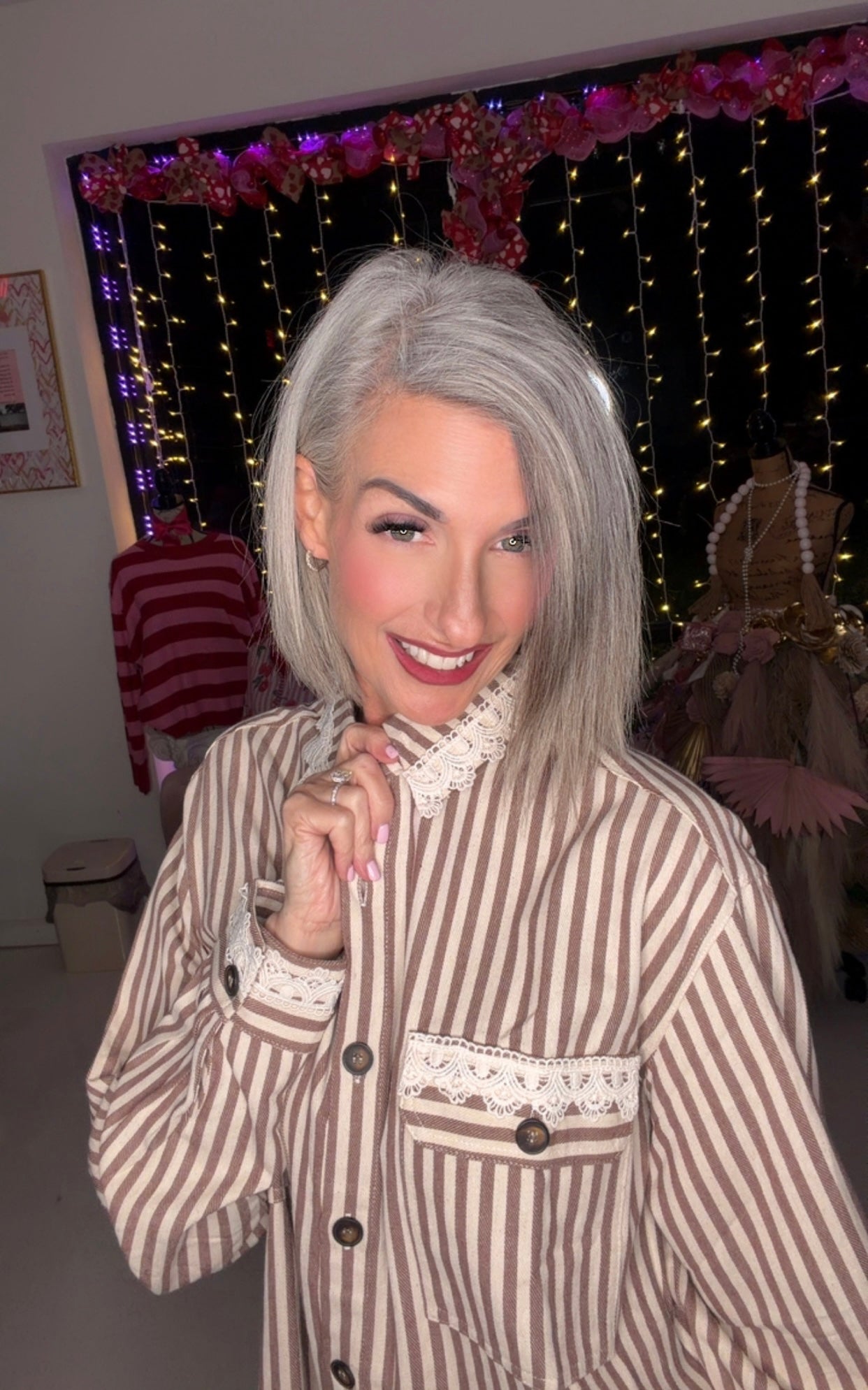 Vintage Lace Trim Striped Cotton SShirt
