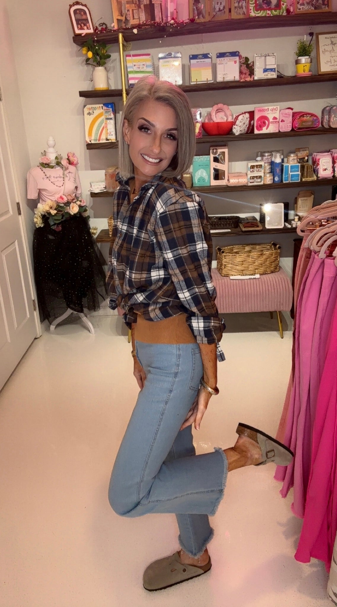Collared Pocket Detail Plaid Shirts Top