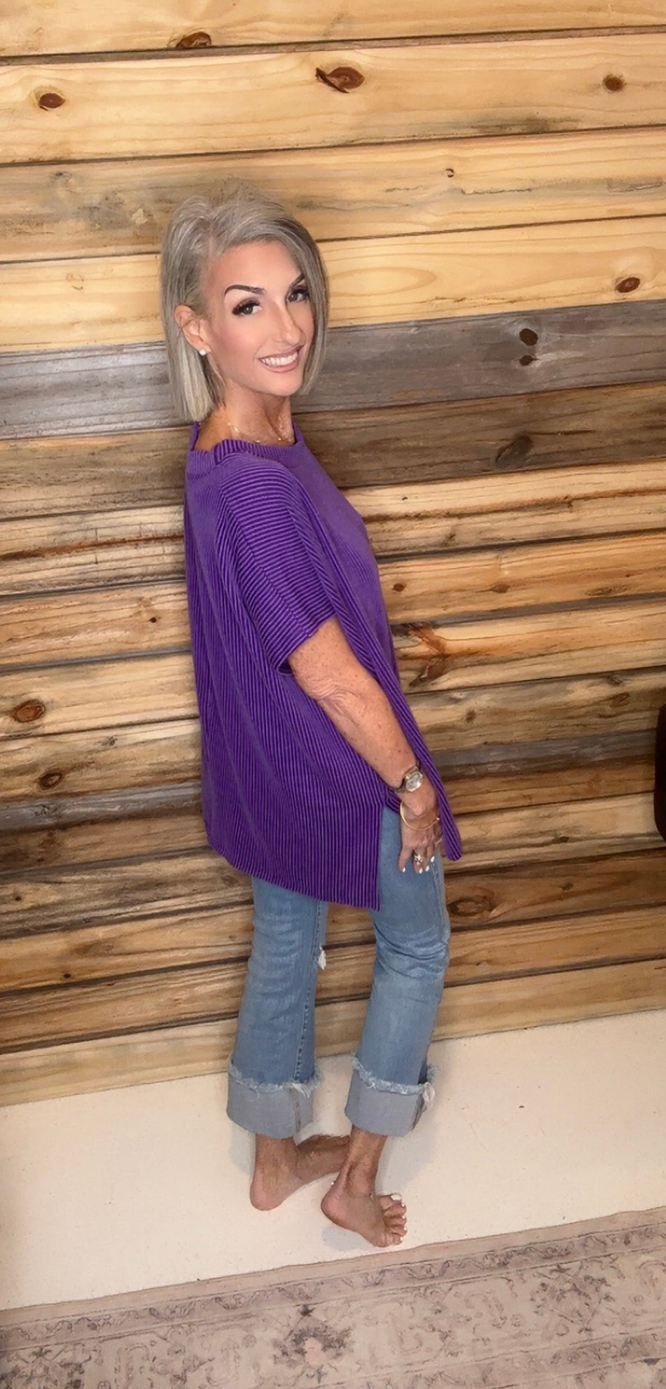 SHORT SLEEVE TUNIC WITH SIDE SLIT: Purple / 3-3;S/M-L/XL
