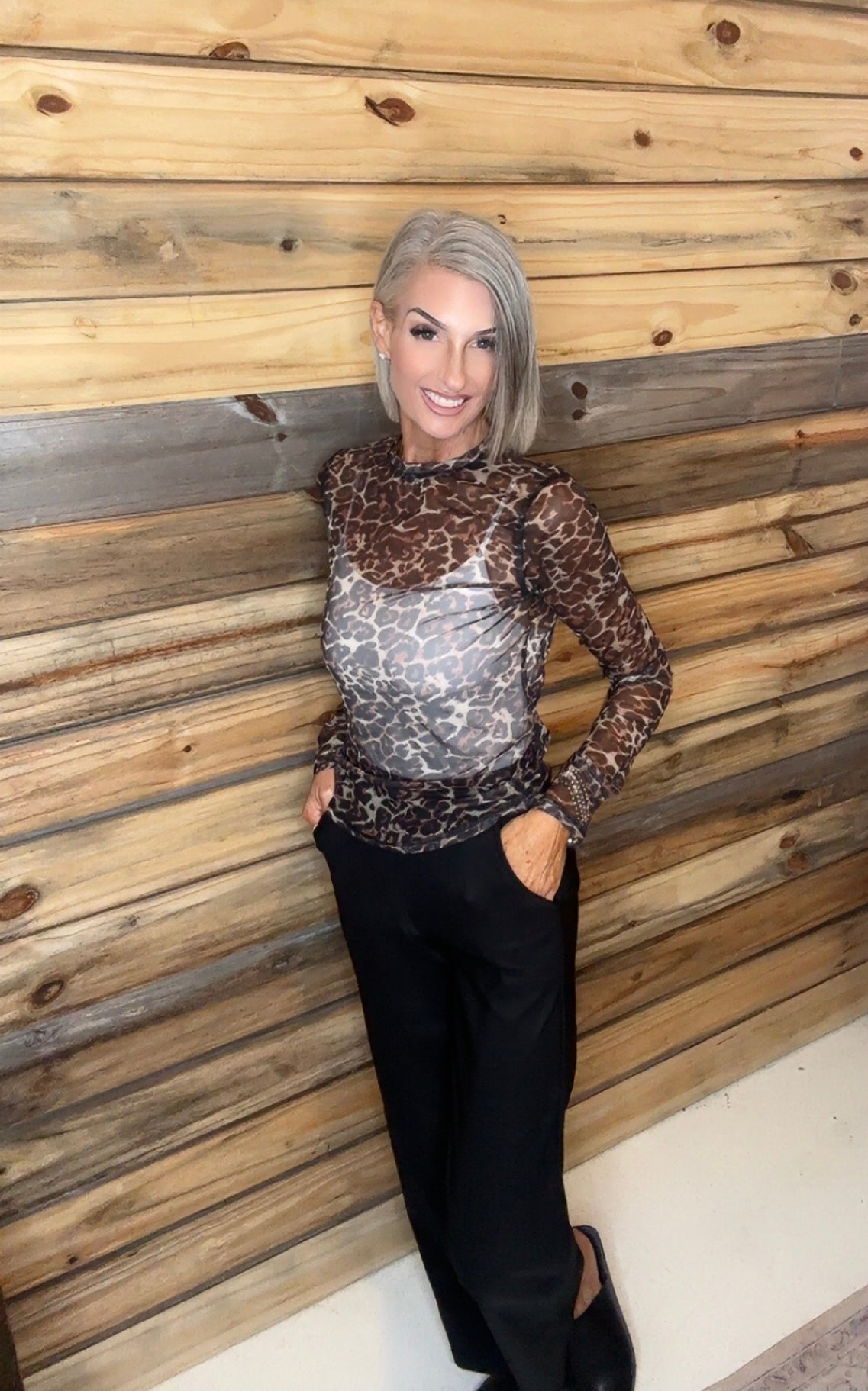 Semi Sheer Leopard Printed Long Sleeve Mesh Top