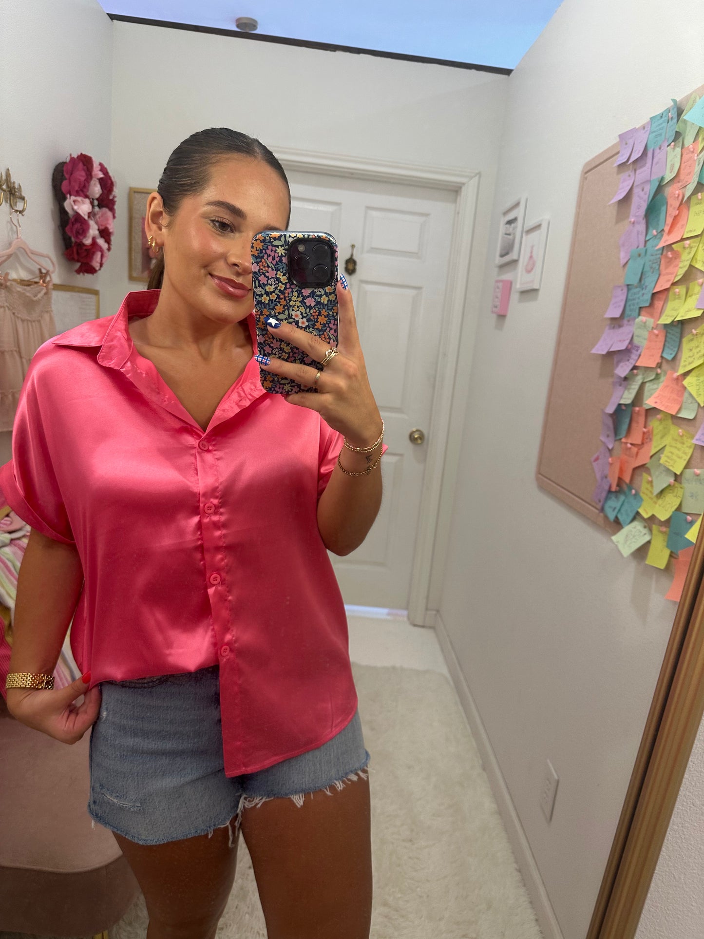 Button Down Silky Satin Short Sleeve Top